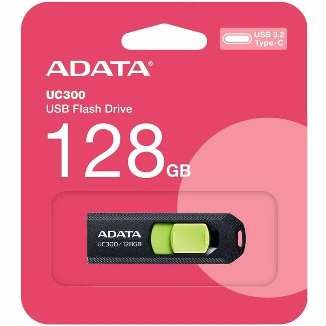 Adata Choice UC300 128GB USB 3.2 (Gen 1) Type C Flash Drive - 128 GB - USB 3.2 (Gen 1) Type C - Black, Green - 5 Year Warranty