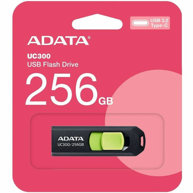 Adata Choice UC300 256GB USB 3.2 (Gen 1) Type C Flash Drive - 256 GB - USB 3.2 (Gen 1) Type C - Black, Green - 5 Year Warranty