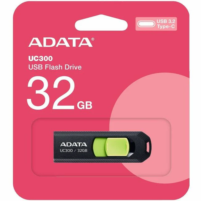 Adata Choice UC300 32GB USB 3.2 (Gen 1) Type C Flash Drive - 32 GB - USB 3.2 (Gen 1) Type C - Black, Green - 5 Year Warranty