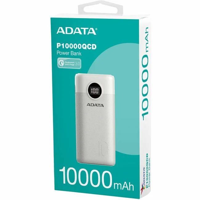 Adata P10000QCD Power Bank - For Mobile Phone, Gaming Console - Lithium Ion (Li-Ion) - 10000 mAh - 4.50 A - 5 V DC, 9 V DC, 12 V DC Output - 5 V DC, 9 V DC Input - 3 x USB - White