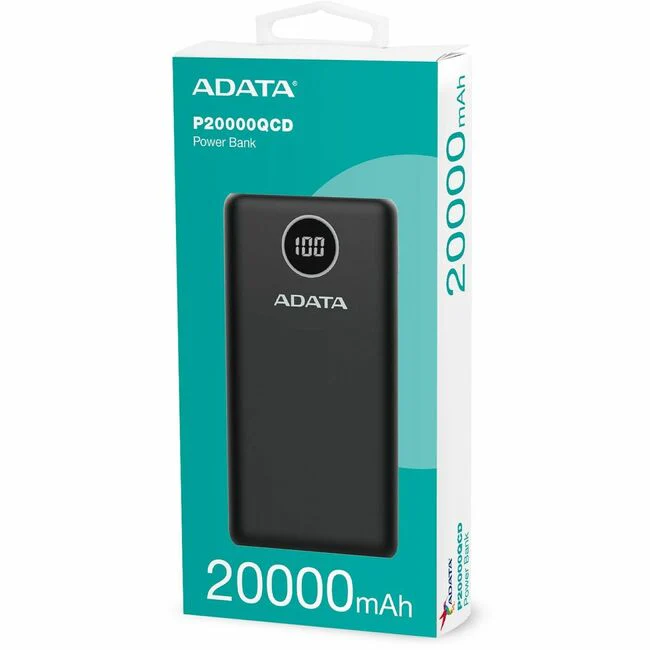 Adata P20000QCD Power Bank - For Mobile Phone, Gaming Console - Lithium Polymer (Li-Polymer) - 20000 mAh - 3 A - 5 V DC, 9 V DC, 12 V DC Output - 5 V DC, 9 V DC Input - 3 x USB - Black