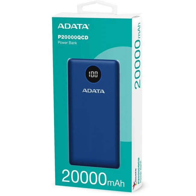 Adata P20000QCD Power Bank - For Mobile Phone, Gaming Console - Lithium Polymer (Li-Polymer) - 20000 mAh - 3 A - 5 V DC, 9 V DC, 12 V DC Output - 5 V DC, 9 V DC Input - 3 x USB - Blue
