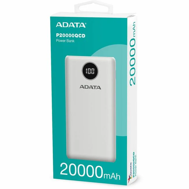 Adata P20000QCD Power Bank - For Mobile Phone, Gaming Console - Lithium Polymer (Li-Polymer) - 20000 mAh - 3 A - 5 V DC, 9 V DC, 12 V DC Output - 5 V DC, 9 V DC Input - 3 x USB - White