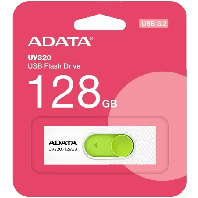 Adata UV320 USB Flash Drive - 128 GB - USB 3.2 (Gen 1) - 100 MB/s Read Speed - White, Green - 5 Year Warranty