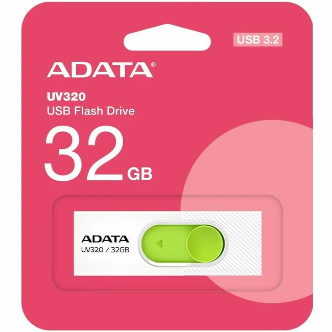 Adata UV320 USB Flash Drive - 32 GB - USB 3.2 (Gen 1) - 100 MB/s Read Speed - White, Green - 5 Year Warranty