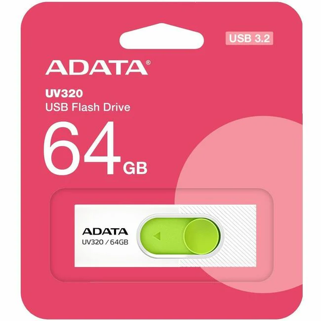 Adata UV320 USB Flash Drive - 64 GB - USB 3.2 (Gen 1) - 100 MB/s Read Speed - White, Green - 5 Year Warranty