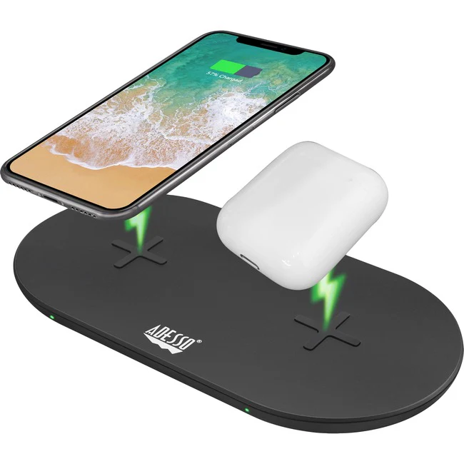 Adesso 15W Max Qi-Certified Dual 2-Coil Wireless Fast Charging Pad - 12 V DC Input - Overcharge Protection
