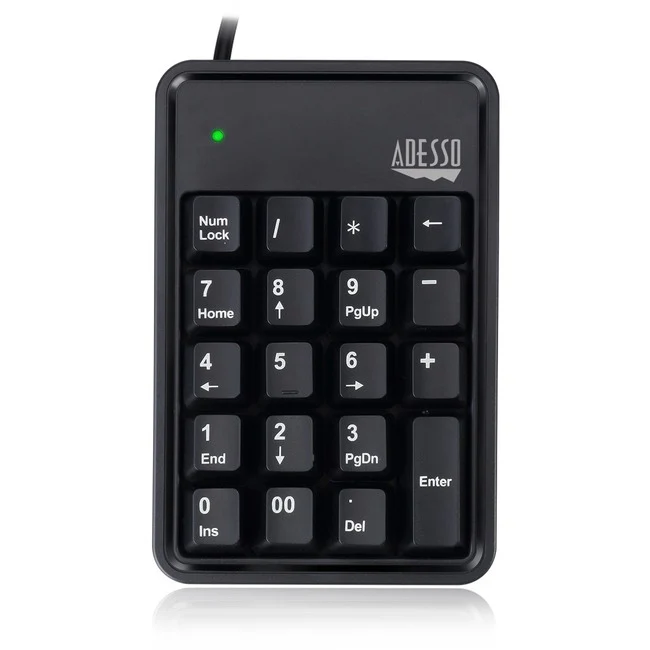 Adesso 19-Key Mechanical Keypad with 3-Port USB Hub - Cable Connectivity - USB Interface - 19 Key - Rugged - Notebook - Windows, Mac OS - Mechanical Keyswitch - Black