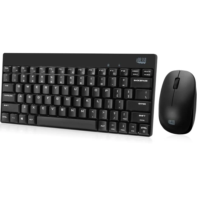 Adesso WKB-1100CB - Wireless Spill Resistant Mini Keyboard & Mouse Combo - USB Membrane Wireless RF Keyboard - 79 Key - English (US) - Black - USB Wireless RF Mouse - Optical - 1200 dpi - Scroll Wheel - QWERTY - Black - Multimedia Hot Key(s) - Right-h