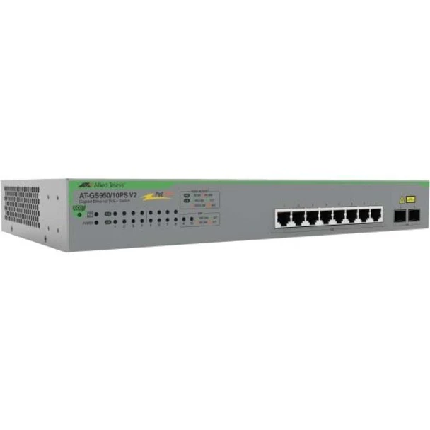 Allied Telesis GS950/10PS V2 Ethernet Switch - 8 Ports - Manageable - Gigabit Ethernet - 10/100/1000Base-T, 100/1000Base-X - 2 Layer Supported - Modular - 2 SFP Slots - 25 W Power Consumption - 75 W PoE Budget - Twisted Pair, Optical Fiber - PoE Ports - W
