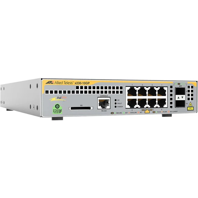 Allied Telesis L3 Switch with 8 x 10/100/1000T PoE Ports and 2 x 100/1000X SFP Ports - 8 Ports - Manageable - Gigabit Ethernet - 1000Base-X - 3 Layer Supported - Modular - 2 SFP Slots - Optical Fiber, Twisted Pair - Desktop, Rack-mountable