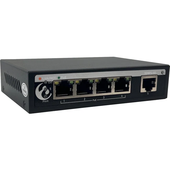 Amer Networks - 5ports 10/100Mbps PoE switch 65W af/at - 5 Port PoE Switch IEEE802.3af/at with 4*10/100Mbps RJ-45 PoE ports and 1*100Mbps RJ-45 Uplink port. Extend mode support allows PoE on 250m of cable. Surge Protection fanless. PoE Budget 65W, 30W max