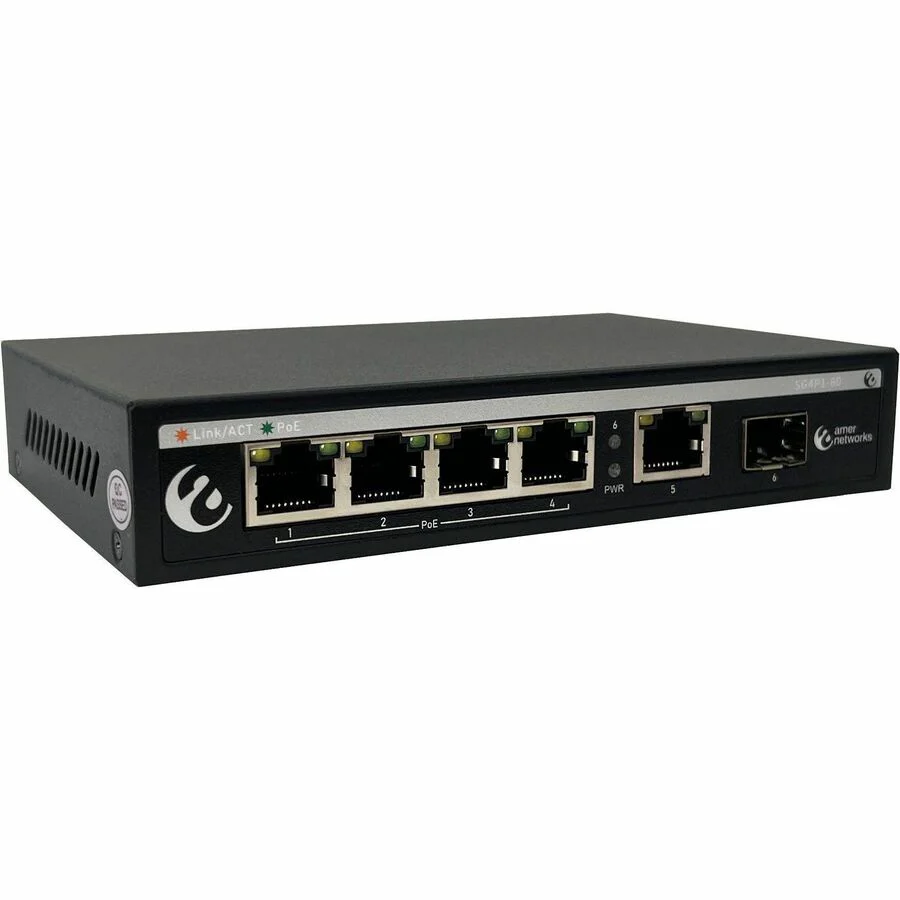 Amer SG4P1-60 4-Port Gigabit PoE Switch with 1 Gigabit RJ45 and 1 SFP - 5 Ports - Gigabit Ethernet - 10/100/1000Base-T, 1000Base-X - 1 SFP Slots - 65 W PoE Budget - Twisted Pair, Optical Fiber - PoE Ports