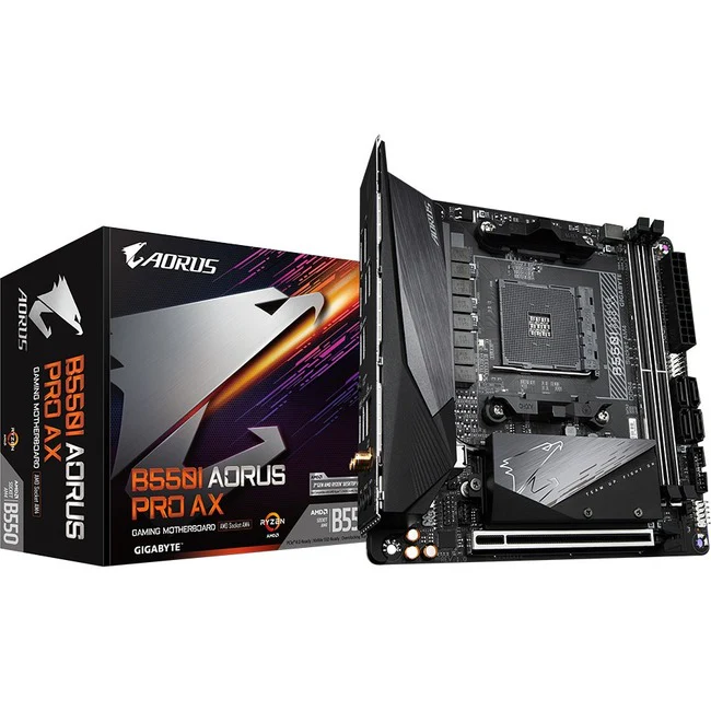 Aorus Ultra Durable B550I AORUS PRO AX Desktop Motherboard - AMD B550 Chipset - Socket AM4 - Mini ITX - Ryzen 3, Ryzen 5, Ryzen 7, Ryzen 9, Ryzen 3 PRO, Ryzen 5 Pro, Ryzen 7 PRO, Ryzen 9 PRO Processor Supported - 64 GB DDR4 SDRAM Maximum RAM - DIMM, UDIMM