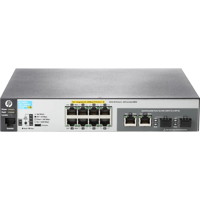 Aruba 2530 8 PoE+ Internal PS Switch - 8 Ports - Manageable - Fast Ethernet, Gigabit Ethernet - 10/100Base-TX, 1000Base-T, 1000Base-X - Refurbished - 2 Layer Supported - 2 SFP Slots - Twisted Pair, Optical Fiber - Desktop, Wall Mountable, Rack-mountable