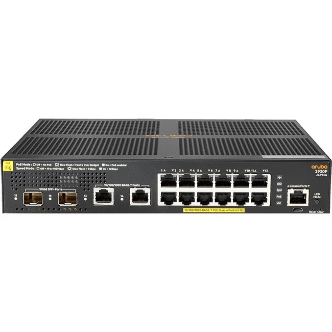 Aruba 2930F 12G PoE+ 2G/2SFP+ Switch - 12 Ports - Manageable - Gigabit Ethernet, 10 Gigabit Ethernet - 10/100/1000Base-T, 10GBase-X - 3 Layer Supported - Modular - 170 W Power Consumption - Twisted Pair, Optical Fiber - Rack-mountable