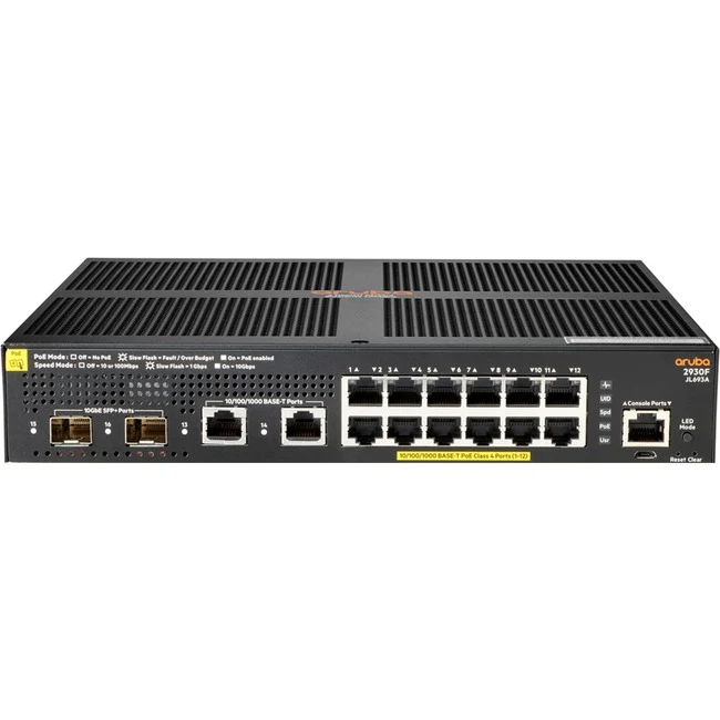Aruba 2930F 12G PoE+ 2G/2SFP+ Switch - 14 Ports - Manageable - Gigabit Ethernet, 10 Gigabit Ethernet - 10/100/1000Base-T, 10GBase-X - TAA Compliant - 3 Layer Supported - Modular - 170 W Power Consumption - 139 W PoE Budget - Optical Fiber, Twisted Pair -