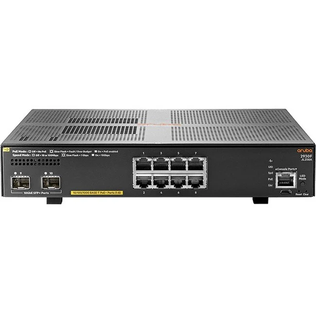 Aruba 2930F 8G PoE+ 2SFP+ Switch - 8 Ports - Manageable - Gigabit Ethernet, 10 Gigabit Ethernet - 10/100/1000Base-T, 10GBase-X - 3 Layer Supported - Modular - 155 W Power Consumption - 125 W PoE Budget - Optical Fiber, Twisted Pair - PoE Ports - Desktop