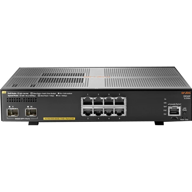 Aruba 2930F 8G PoE+ 2SFP+ Switch - 8 Ports - Manageable - Gigabit Ethernet, 10 Gigabit Ethernet - 10/100/1000Base-T, 10GBase-X - 3 Layer Supported - Modular - 155 W Power Consumption - 125 W PoE Budget - Optical Fiber, Twisted Pair - PoE Ports - Rack-moun