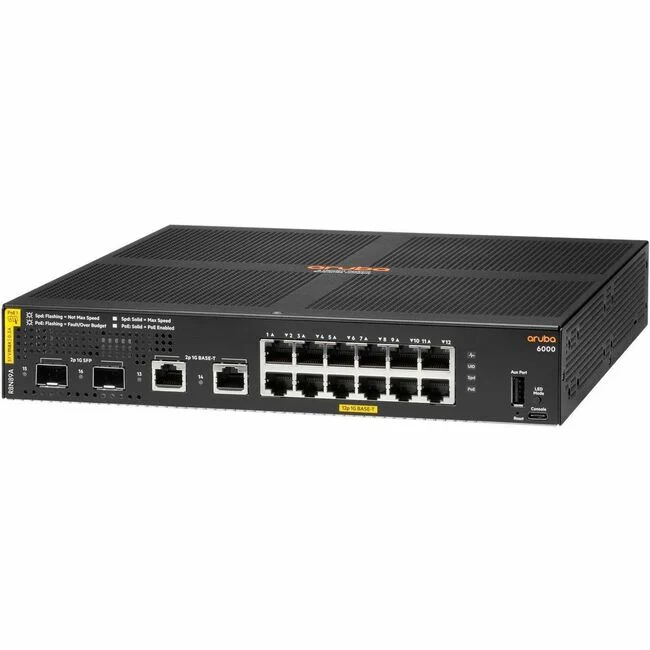 Aruba 6000 12G Class4 PoE 2G/2SFP 139W Switch - 12 Ports - Manageable - Gigabit Ethernet - 10/100/1000Base-T, 100/1000Base-X - 3 Layer Supported - Modular - 2 SFP Slots - 170 W Power Consumption - 139 W PoE Budget - Twisted Pair, Optical Fiber - PoE Ports