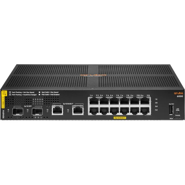Aruba 6000 48G Class4 PoE 4SFP 370W Switch - 12 Ports - Manageable - Gigabit Ethernet - 10/100/1000Base-T, 100/1000Base-X - 3 Layer Supported - Modular - 2 SFP Slots - 21.90 W Power Consumption - 139 W PoE Budget - Twisted Pair, Optical Fiber - PoE Ports
