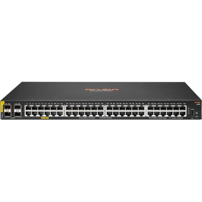 Aruba 6000 48G Class4 PoE 4SFP 370W Switch - 48 Ports - Manageable - Gigabit Ethernet - 10/100/1000Base-T, 100/1000Base-X - 3 Layer Supported - Modular - 4 SFP Slots - 45 W Power Consumption - 370 W PoE Budget - Twisted Pair, Optical Fiber - PoE Ports - 1