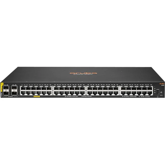 Aruba 6100 48G Class4 PoE 4SFP+ 370W Switch - 48 Ports - Manageable - Gigabit Ethernet, 10 Gigabit Ethernet - 10/100/1000Base-T, 10GBase-X - 3 Layer Supported - Modular - 30.60 W Power Consumption - 370 W PoE Budget - Twisted Pair, Optical Fiber - PoE Por