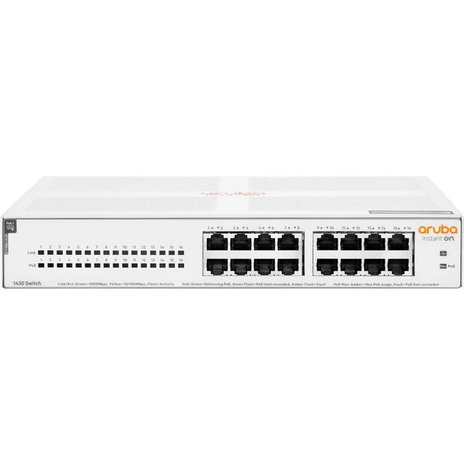 Aruba Instant On 1430 16G Class4 PoE 124W Switch - 16 Ports - Gigabit Ethernet - 10/100/1000Base-T - 2 Layer Supported - 147 W Power Consumption - 124 W PoE Budget - Twisted Pair - PoE Ports - 1U High - Rack-mountable, Cabinet Mount, Table Top, Wall Mount