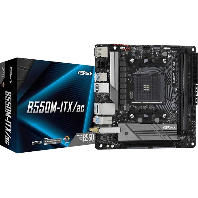 ASRock B550M-ITX/ac Desktop Motherboard - AMD B550 Chipset - Socket AM4 - Mini ITX - 64 GB DDR4 SDRAM Maximum RAM - DIMM, UDIMM - 2 x Memory Slots - Gigabit Ethernet - IEEE 802.11a/b/g/n/ac - HDMI - DisplayPort - 4 x SATA Interfaces