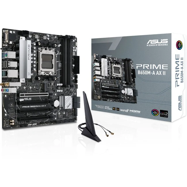 Asus Prime B650M-A AX II Gaming Desktop Motherboard - AMD B650 Chipset - Socket AM5 - Micro ATX - Ryzen 7 Processor Supported - 128 GB DDR5 SDRAM Maximum RAM - DIMM, UDIMM - 4 x Memory Slots - Gigabit Ethernet - IEEE 802.11 a/b/g/n/ac/ax - HDMI - DisplayP