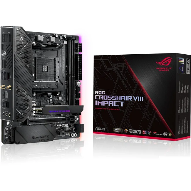 Asus ROG Crosshair VIII Impact Desktop Motherboard - AMD X570 Chipset - Socket AM4 - Mini DTX - 64 GB DDR4 SDRAM Maximum RAM - DIMM, UDIMM - 4 x Memory Slots - Gigabit Ethernet - IEEE 802.11 a/b/g/n/ac/ax - 4 x SATA Interfaces