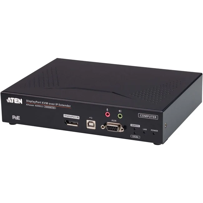 ATEN 4K DisplayPort Single Display KVM over IP Transmitter with PoE - 1 Computer(s) - 1 Local User(s) - 4K - 3840 x 2160 Maximum Video Resolution - 2 x Network (RJ-45) - 3 x USB - DisplayPort - Desktop, Wall Mountable, Rack-mountable - 0U