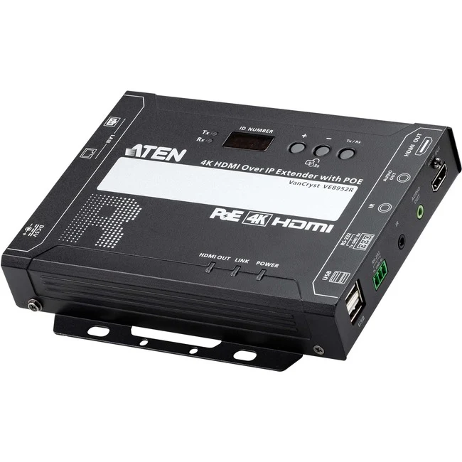 ATEN VE8952R 4K HDMI over IP Receiver with PoE - 1 Output Device - 328.08 ft Range - 2 x Network (RJ-45) - 2 x USB - 1 x HDMI Out - 4K UHD - 4096 x 2160 - Twisted Pair - Category 6 - Desktop, Rack-mountable