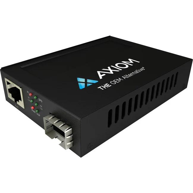 Axiom 1Gbs POE RJ45 to SFP Fiber Media Converter - Open SFP Port - Network (RJ-45) - 1x PoE (RJ-45) Ports - Gigabit Ethernet - 10/100/1000Base-TX, 1000Base-FX - 1 x Expansion Slots - SFP (mini-GBIC) - 1 x SFP Slots - AC/DC