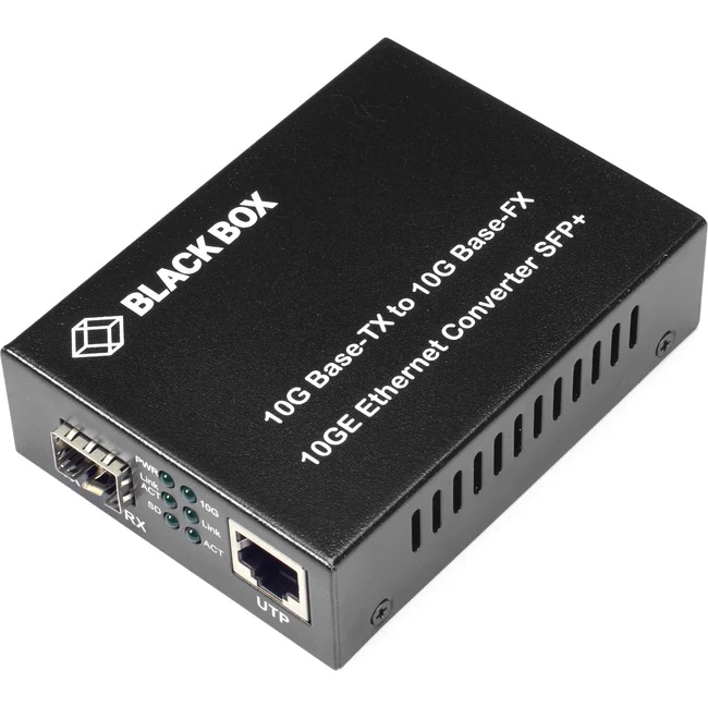 Black Box 10GBASE-TX to 10GBASE-FX Media Converter - 1 x Network (RJ-45) - Single-mode, Multi-mode - 10 Gigabit Ethernet - 10GBase-T, 10GBase-FX - 328 ft - 1 x Expansion Slots - SFP+ - 1 x SFP+ Slots - AC Adapter - Standalone