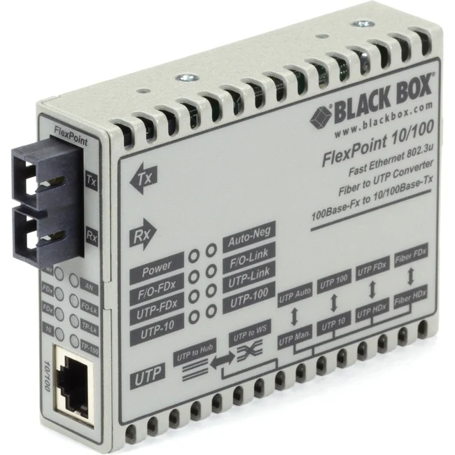 Black Box FlexPoint LMC100A-SC-R3 Tanscevier Media Converter - 1 x Network (RJ-45) - 1 x SC Ports - DuplexSC Port - Multi-mode, Single-mode - Fast Ethernet - 10/100Base-TX, 1000Base-FX - 1.24 Mile - Power Supply - Rack-mountable, Wall Mountable, Standalon