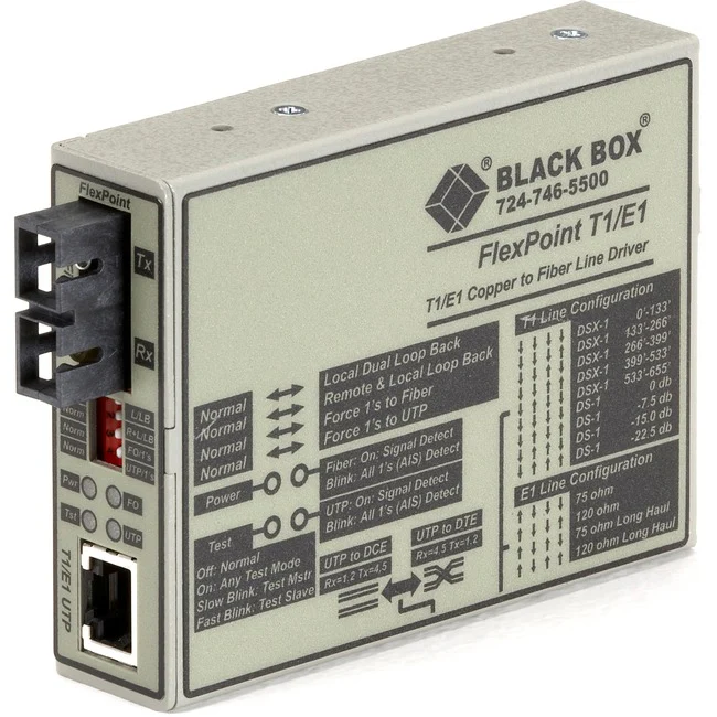 Black Box FlexPoint T1/E1 MT663A-SSC Transceiver/Media Converter - 1 x SC Ports - DuplexSC Port - Single-mode - T1/E1 - 17.40 Mile - Power Supply - Rack-mountable, Wall Mountable - TAA Compliant