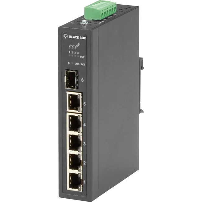 Black Box Industrial Ethernet PoE+ Switch - Unmanaged, Extreme Temperature, 6-Port - 5 Ports - Fast Ethernet - 10/100/1000Base-T - 2 Layer Supported - Modular - 1 SFP Slots - Twisted Pair, Optical Fiber - Wall Mountable, DIN Rail Mountable, Panel-mountabl