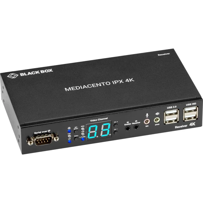 Black Box MediaCento IPX 4K Receiver - HDMI, USB, Serial, IR, Audio - 1 Computer(s) - 1 Remote User(s) - 328.08 ft Range - 4K - 4096 x 2160 Maximum Video Resolution - 1 x Network (RJ-45) - 4 x USB - 1 x HDMI - 5 V DC Input Voltage - Desktop - TAA Complian