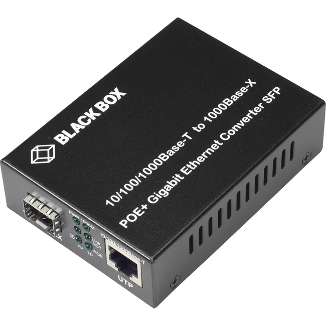 Black Box Pure Networking Transceiver/Media Converter - Network (RJ-45) - 1x PoE+ (RJ-45) Ports - Single-mode, Multi-mode - Gigabit Ethernet - 1000Base-T, 1000Base-X, 100Base-FX - 328.08 ft - 1 x Expansion Slots - SFP (mini-GBIC) - 1 x SFP Slots - Power A