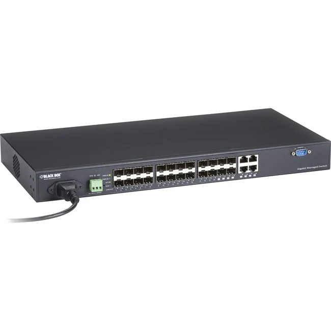 Black Box SFP Gigabit Managed Fiber Switch - 24-Port - 4 Ports - Manageable - Gigabit Ethernet, 10 Gigabit Ethernet - 1000Base-X, 10/100/1000Base-T, 10GBase-X - TAA Compliant - 2 Layer Supported - Modular - 20 SFP Slots - 38.64 W Power Consumption - Twist