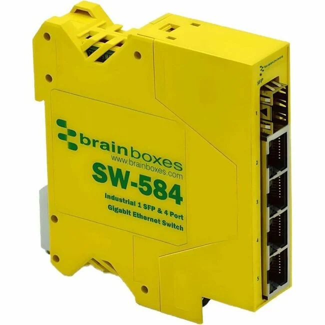 Brainboxes 1 SFP & 4 Port Gigabit Ethernet Switch - 4 Ports - Gigabit Ethernet - 10/100/1000Base-T, 1000Base-X - 2 Layer Supported - Modular - 1 SFP Slots - 3.60 W Power Consumption - Twisted Pair, Optical Fiber - DIN Rail Mountable, Compact - Lifetime Li
