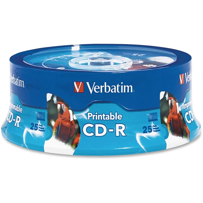 CD-R 700MB 52X Verbatim White Inkjet Printable, Hub Printable - 25pk Spindle - 25pk Spindle - White, Hub Printable
