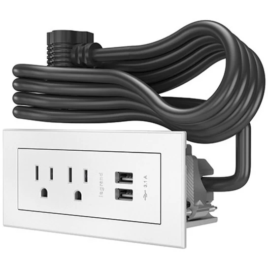 Chief Power Center, 2 AC, 2 USB-A, White - 2 x Power Receptacles - 120 V AC / 15 A Rectangular Flush Mount