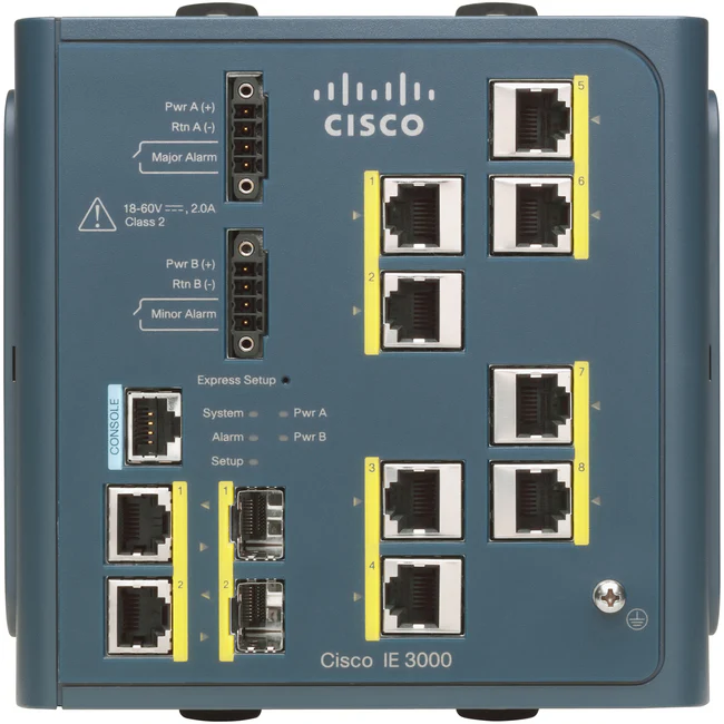 Cisco IE-3000 Ethernet Switch - 8 Ports - Manageable - Gigabit Ethernet, Fast Ethernet - 10/100/1000Base-T, 10/100Base-TX - Refurbished - 2 Layer Supported - 2 SFP Slots - Rack-mountable - 1 Year Limited Warranty