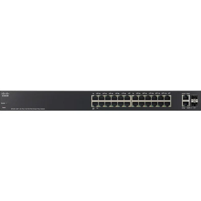 Cisco SF220-24P 24-Port 10/100 PoE Smart Plus Switch - 24 Ports - Manageable - 10/100Base-TX, 10/100/1000Base-T, 1000Base-X - Refurbished - 2 Layer Supported - 2 SFP Slots - Desktop, Rack-mountable - Lifetime Limited Warranty