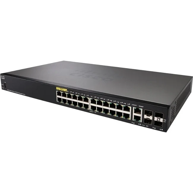 Cisco SF350-24P 24-Port 10 100 POE Managed Switch - 24 Ports - Manageable - Fast Ethernet - 10/100Base-T - Refurbished - 3 Layer Supported - Twisted Pair - PoE Ports - Rack-mountable - Lifetime Limited Warranty