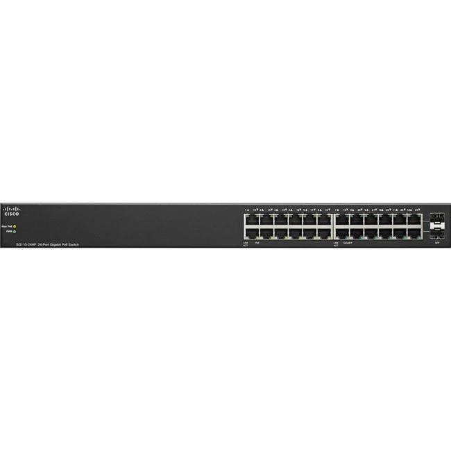 Cisco SG110-24HP 24-Port PoE Gigabit Switch - 24 Ports - Gigabit Ethernet - 10/100/1000Base-T, 1000Base-X - Refurbished - 2 Layer Supported - Modular - 2 SFP Slots - Twisted Pair, Optical Fiber - PoE Ports - 1U High - Rack-mountable, Wall Mountable, Deskt