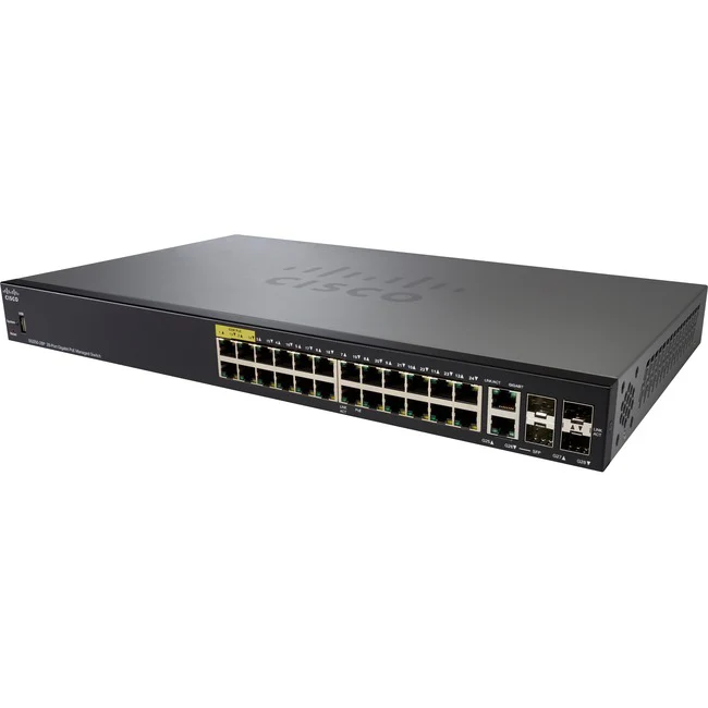 Cisco SG350-28P 28-Port Gigabit PoE Managed Switch - 26 Ports - Manageable - Gigabit Ethernet - 10/100/1000Base-TX, 1000Base-X - Refurbished - 3 Layer Supported - Modular - 4 SFP Slots - 36.90 W Power Consumption - Optical Fiber, Twisted Pair - 1U High -