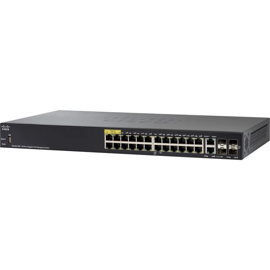 Cisco SG350-28P 28-Port Gigabit PoE Managed Switch - 26 Ports - Manageable - Gigabit Ethernet - 10/100/1000Base-TX, 1000Base-X - Refurbished - 3 Layer Supported - Modular - 4 SFP Slots - Optical Fiber, Twisted Pair - 1U High - Desktop, Rack-mountable